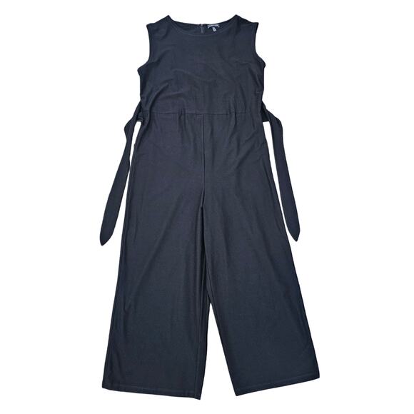 Sleeveless Belted Jumpsuit Eileen Fisher Sz L Black Stretch Crepe Crop Wide Leg - Picture 9 of 10